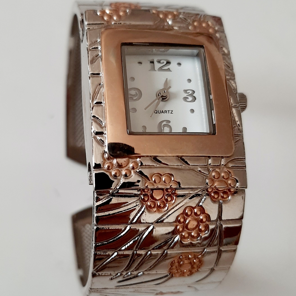 Silver and Gold Floral Cuff Watch